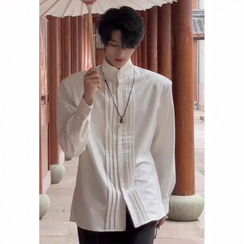 White shirt men's high-end pleated design stand collar long sleeve shoulder pad shirt sunny clean wear new Chinese men's clothing