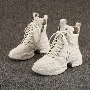 Genuine leather thick-soled high-top shoes for women in winter plus velvet heightening Martin boots Internet celebrity British style short boots trendy and versatile