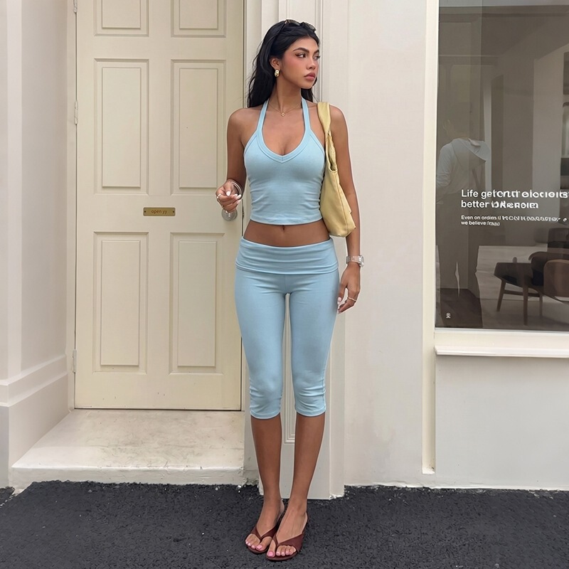 European and American 2026 Summer New Women's Fashion Sexy Halter Neck Sleeveless Backless Tank Top Low-Waist Slim-Fit Cropped Pants Set for Women