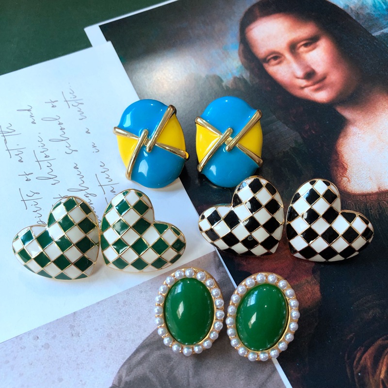 vintage geometric contrast color plaid bluegreen square heart pearl earringspicture1