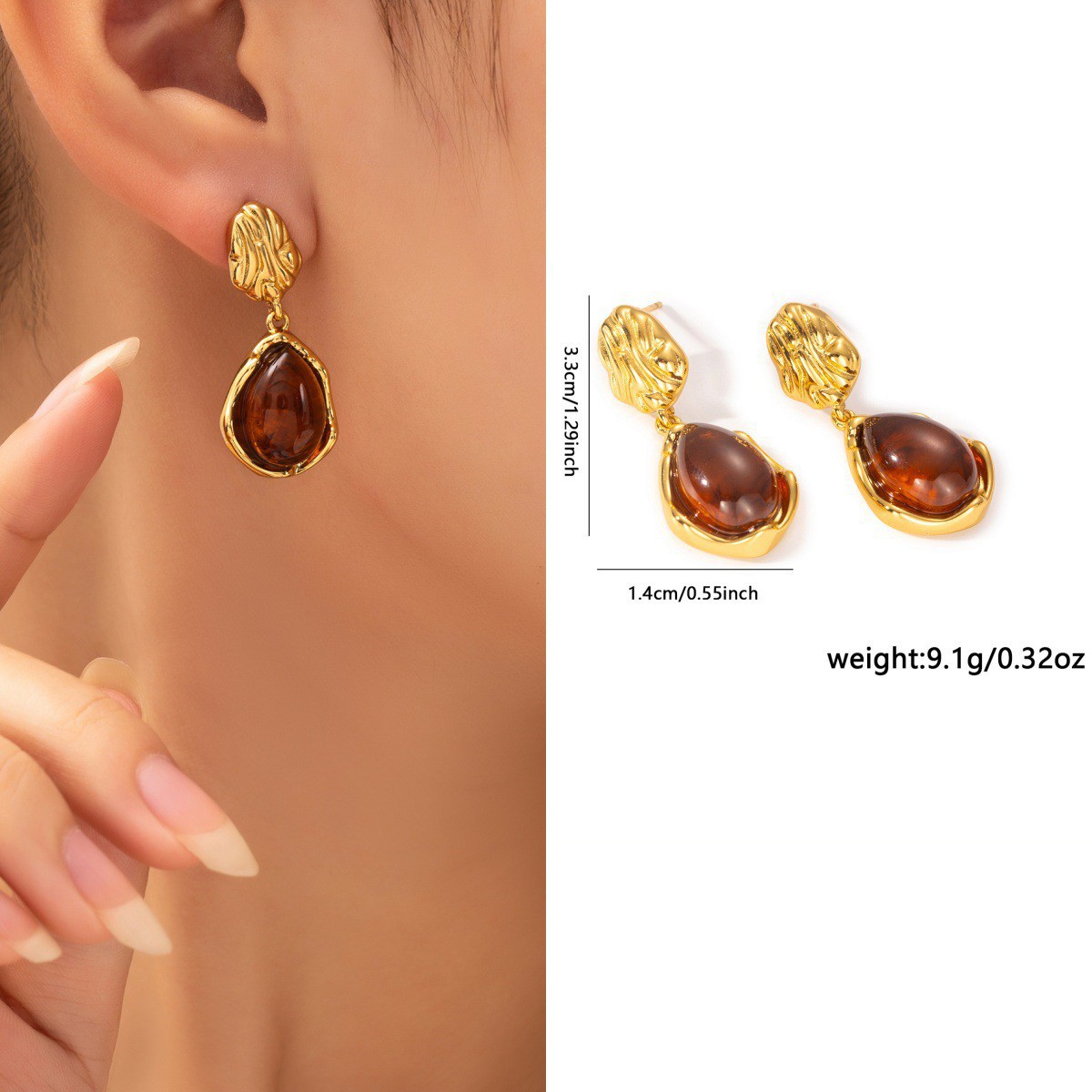 新款法式复古月光石耳环女小众高级感18k不锈钢耳坠耳饰