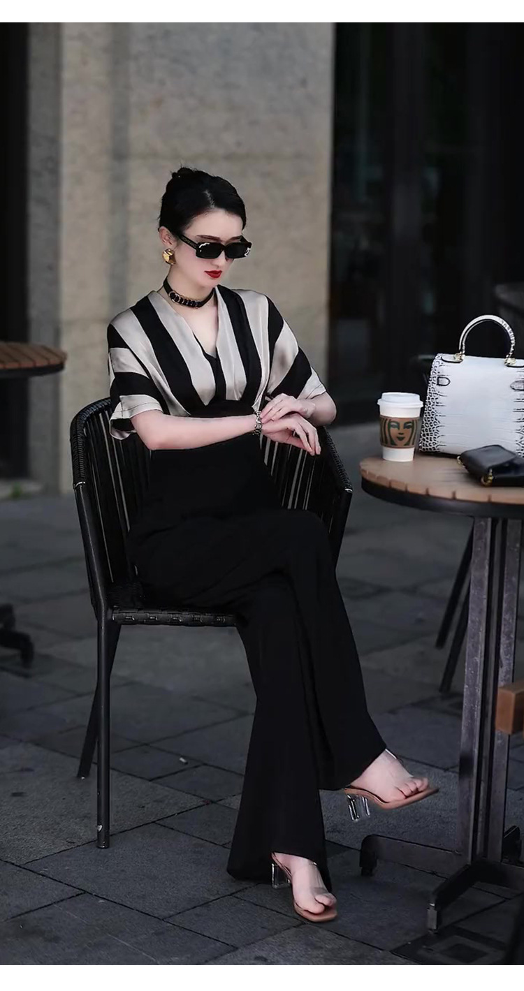 Bộ jumpsuit nữ sọc kẻ dài tay thời trang mùa hè — Đen trắng