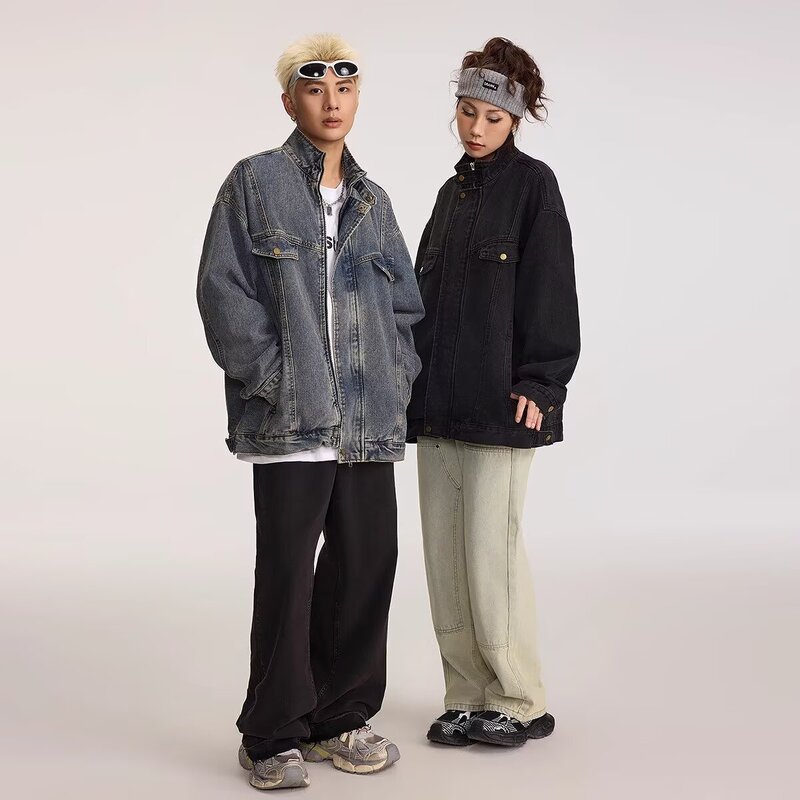 American-Style Vibe Vintage Denim Jacket for Men and Women, Autumn Trendy Brand, Cool Casual Jacket, Loose Oversized Workwear Top