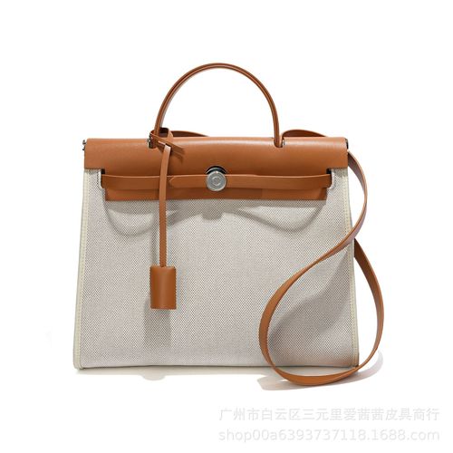 New niche herbag Kelly bag canvas shoulder portable crossbody bag high-end commuter tote genuine leather women's bag