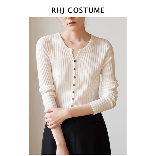 New winter knitted cardigan women's small v-neck pit strip silk cashmere sweater commuter long-sleeved bottoming top