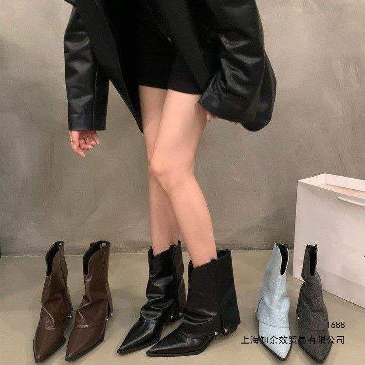 Chunky Heel Pointed Toe Booties Women's Shoes Spring Autumn 2026 New Summer Brown Western Cowboy Boots