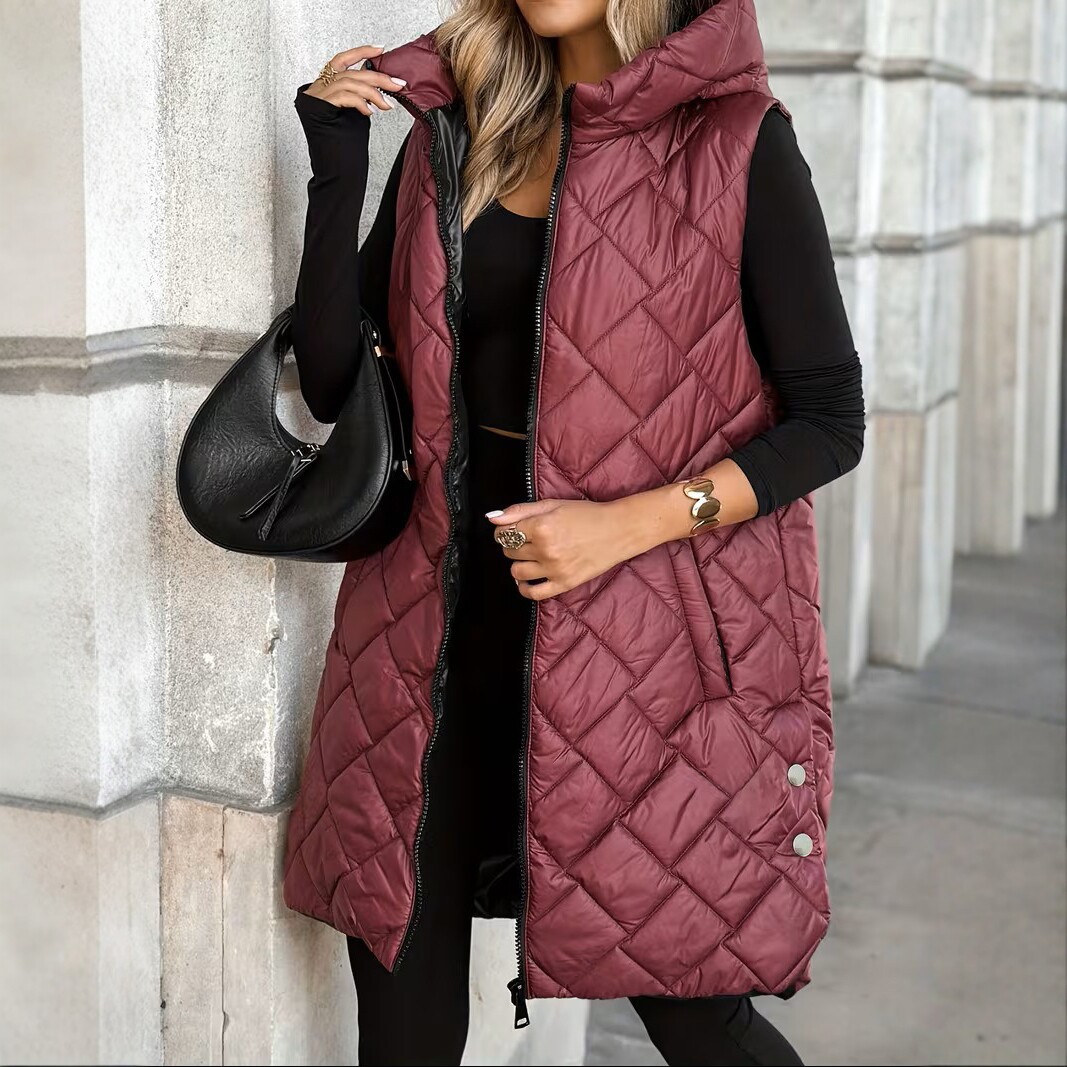 Cross-Border European and American Popular Mid-Length Hooded Cotton Vest for Women, Fashionable Casual Zip-Up Sleeveless Jacket, Plus Size