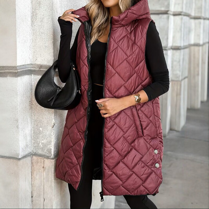 Cross-Border European and American Popular Mid-Length Hooded Cotton Vest for Women, Fashionable Casual Zip-Up Sleeveless Jacket, Plus Size Cross-Border European and American Popular Mid-Length Hooded Cotton Vest for Women, Fashionable Casual Zip-Up Sleeveless Jacket, Plus Size