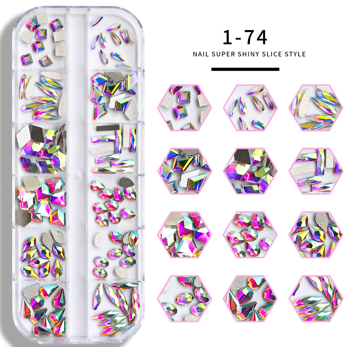 Set de joyas de uñas 12 barras de joyas taladro de uñas largo taladro de fondo plano mezclado taladro de forma especial superbrillante accesorios de uñas