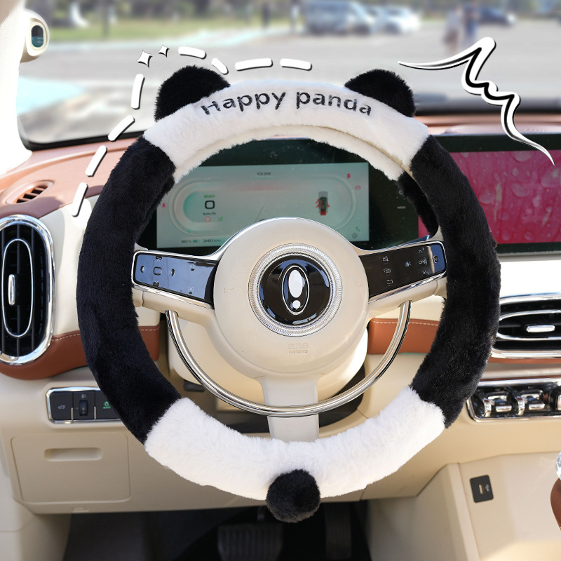 Cute Cartoon Car Steering Wheel Cover Panda Ears Steering Wheel Cover Plush Anti-Slip Comfortable Car Cover