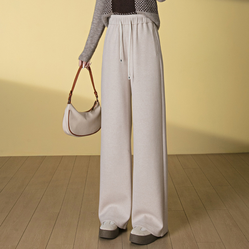 Mousse Cashmere Pants Soft Woolen Wide-Leg Pants for Women 2025 Autumn and Winter New Style Tie Elastic Waist Thickened Casual Trousers