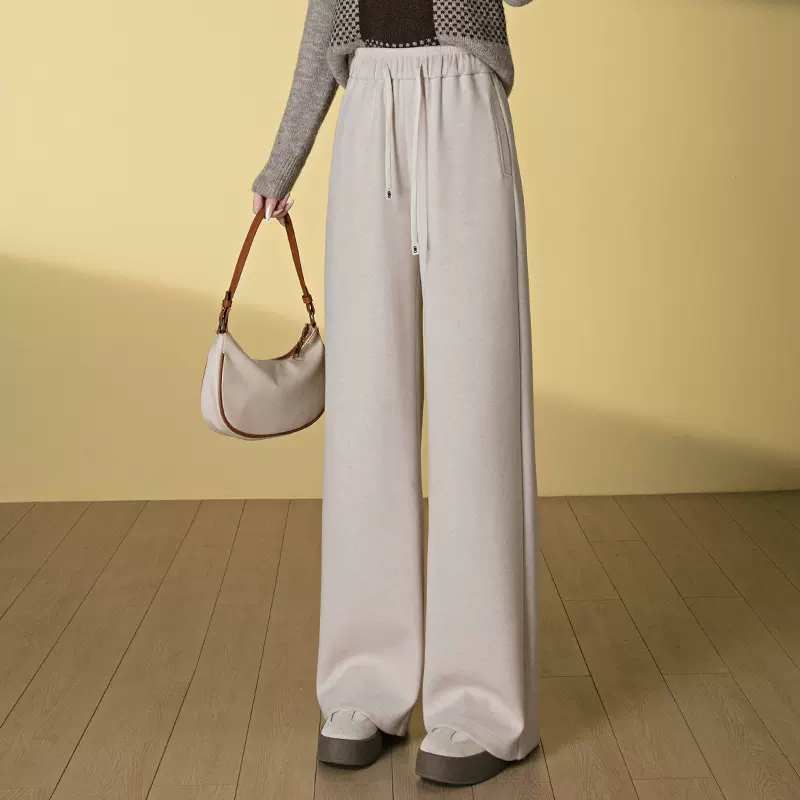 慕斯羊绒裤软糯毛呢阔腿裤女2025秋冬新款系带松紧腰加厚休闲长裤