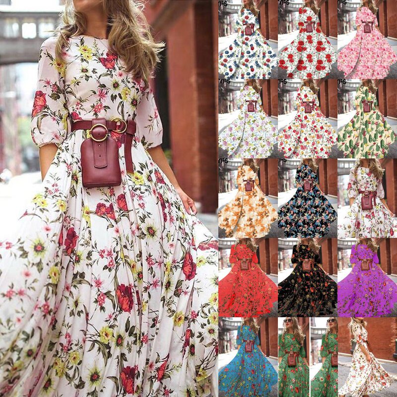2026 Spring and Autumn European and American New Cross-Border Amazon Dress with Floral Print, Elegant Chiffon Floral Slim-Fit Long Dress