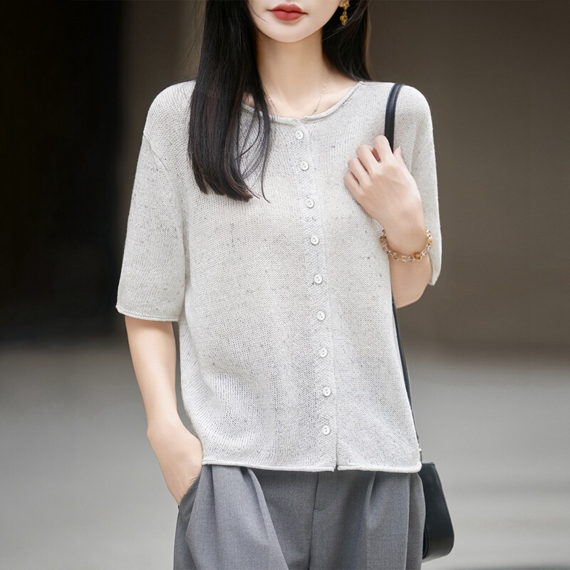 2026 Spring/Summer New Style Japanese Paper Yarn Rolled Edge Round Neck Knitted Cardigan Short Sleeve Women's Colorful Yarn Loose Versatile Top