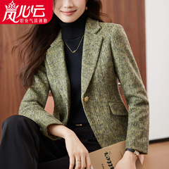 绿色绵羊毛西装外套女春秋2025新款高级感时尚小个子休闲西服上衣