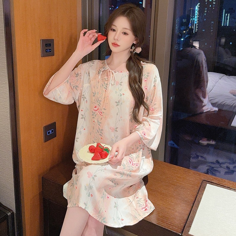 New Chinese-Style Pajamas for Women, Spring and Summer, Mid-Sleeve Cotton Silk Nightgown, National Style Rayon, Loose Fit, Plus Size, Direct from Manufacturer, Can Be Worn Outside