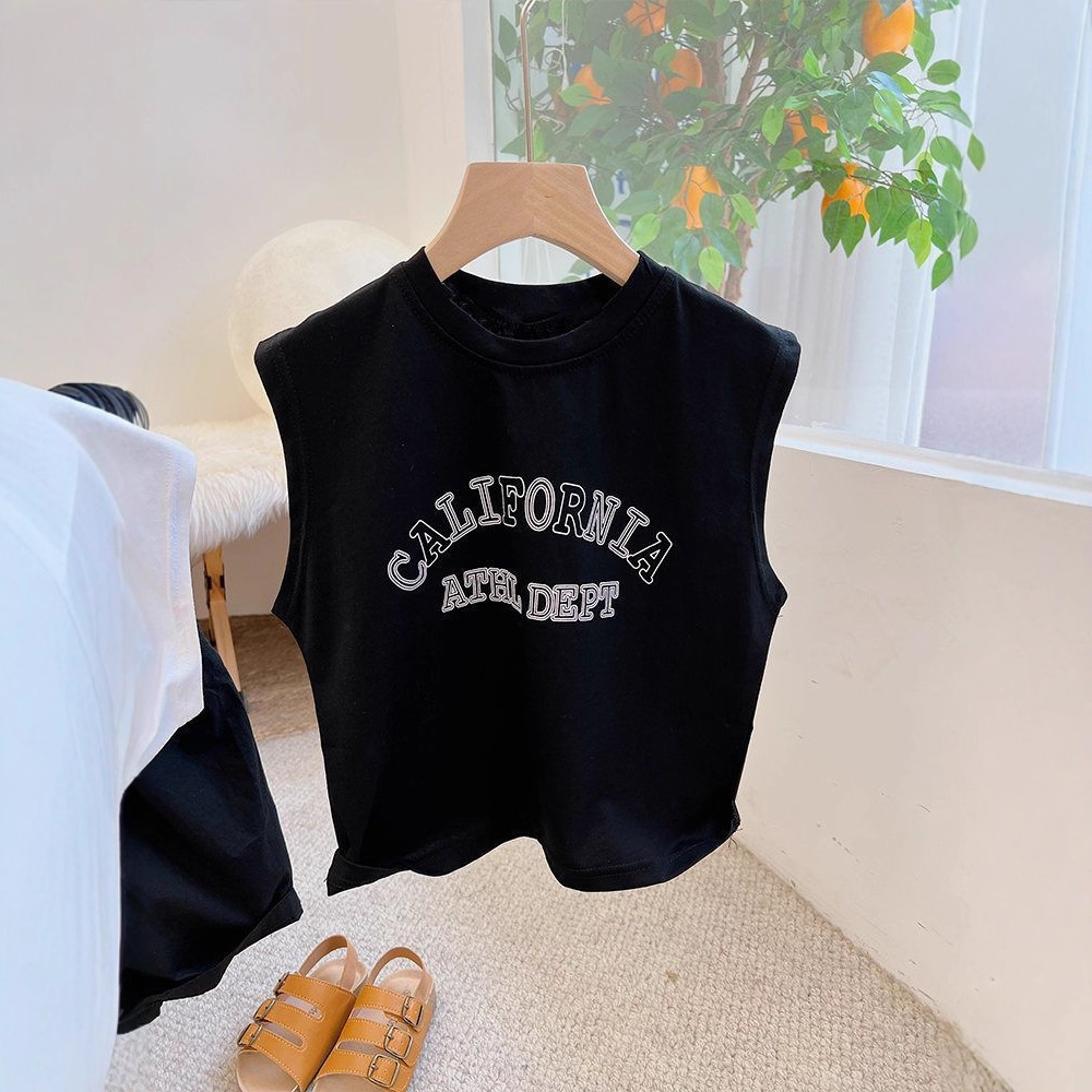 Camiseta sin mangas de algodón puro para niños, camiseta sin mangas de estilo coreano para verano 2024, camiseta holgada y transpirable con cuello redondo, versátil