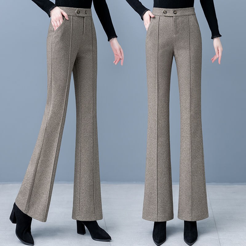 Wholesale Woolen Flared Pants Autumn and Winter New Style Women's Pants with Fleece High Waist Drape Slimming Fashion Casual Bell-Bottom Trousers