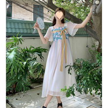 大码胖新中式轻国风改良汉服连衣裙茶歇短袖法式仙女长裙夏季