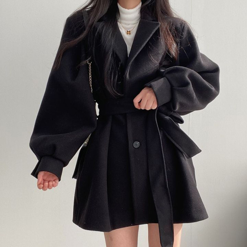 New Korean Style Autumn and Winter Clothing with Straps, Small Suit Collar, Hepburn Style Mid-Length Woolen Outwear for Women