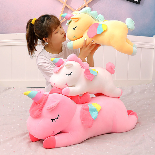 Cute unicorn plush toy, rainbow pony, huggable stuffed animal, birthday gift for girls, leg-holding doll