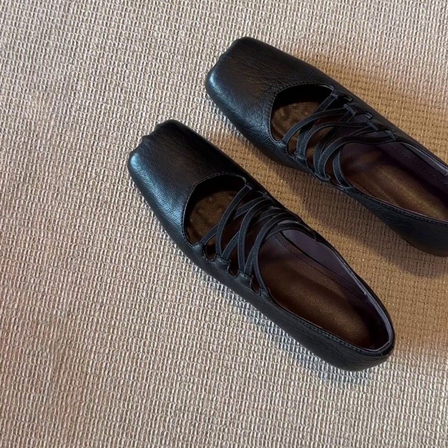 Sheepskin Version ~ Retro Square-Toe Pig-Nose Ballet Shoes, Shallow Mouth Inner Heightening Flats, Women's Cross-Strap Mary Jane Shoes