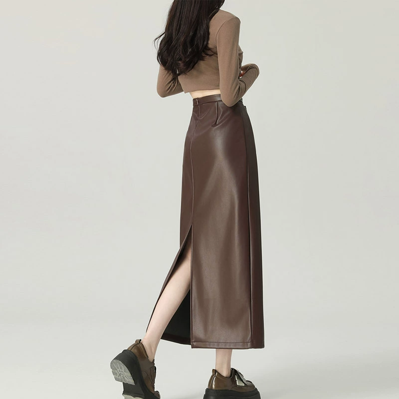 Коричневая кожаная юбка Женская ранняя весна 2025 Новый стиль с высокой талией