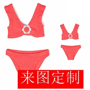 Children's Mother's Clothing, Family Clothing, Bestie Clothing, Family Clothing, Customized Swimming Cap with Pictures, Split Wrinkled Swimsuit Factory
