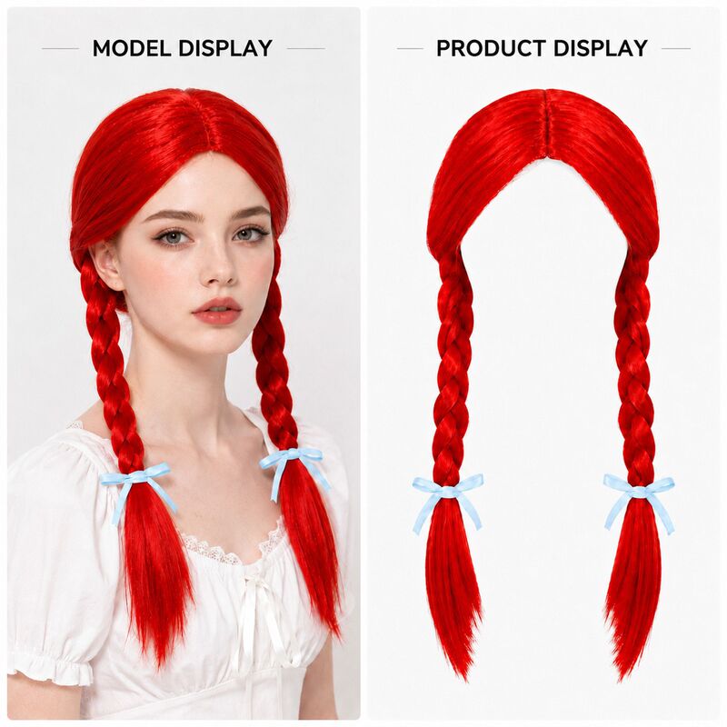 Halloween cosplay middle-parted wig for costume performance with double ponytails and red bows Halloween cosplay middle-parted wig for costume performance with double ponytails and red bows