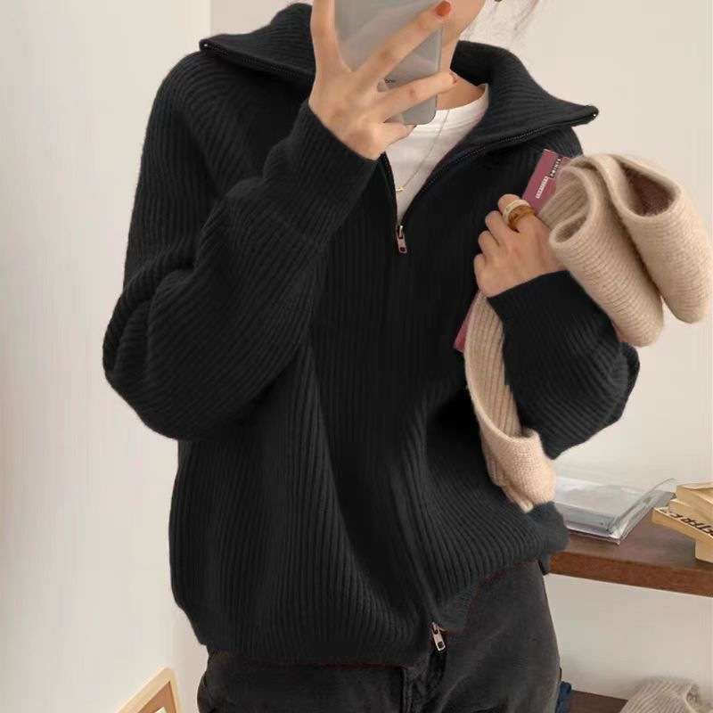 Coreano con solapa de doble cremallera de color sólido cardigan de punto de mujer otoño y invierno nuevo suéter suave pegajoso abrigo suelto image 5