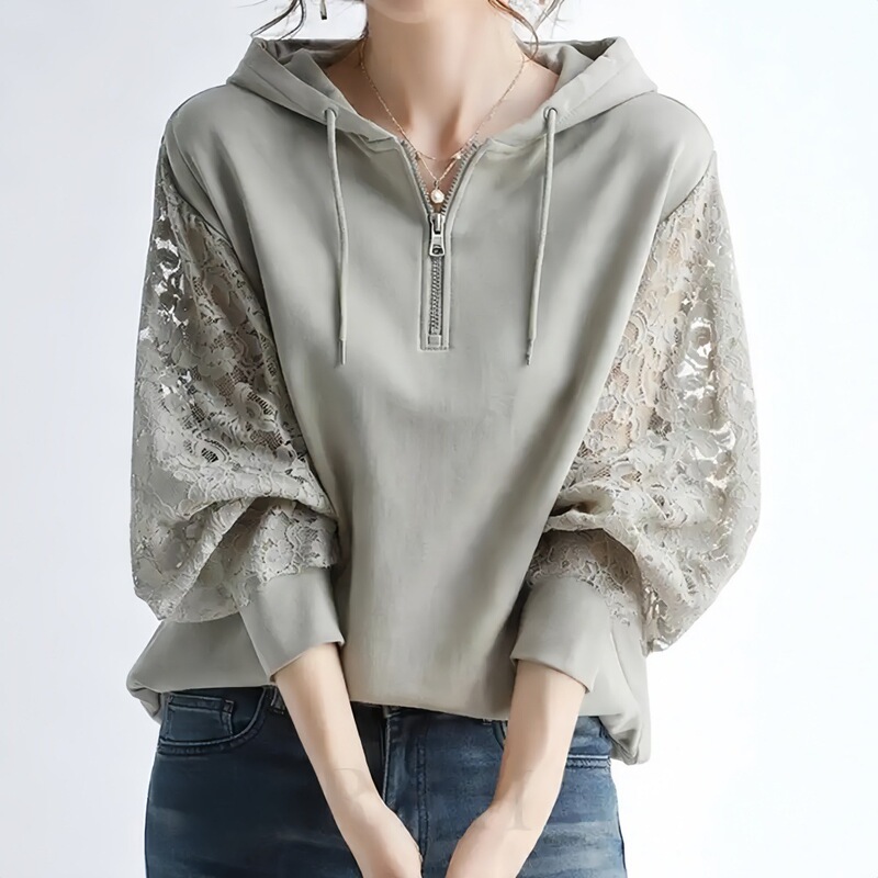 2026 Japanese-Style Spring and Summer New Vintage Lace Hooded Sweatshirt for Women, Elegant Pullover with Texture, Cross-Border
