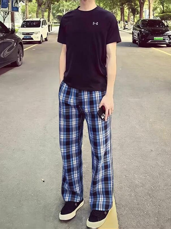 American Vintage Straight Blue Plaid Wide Leg Daily Casual Pants Men Loose Versatile Plaid Long Trousers