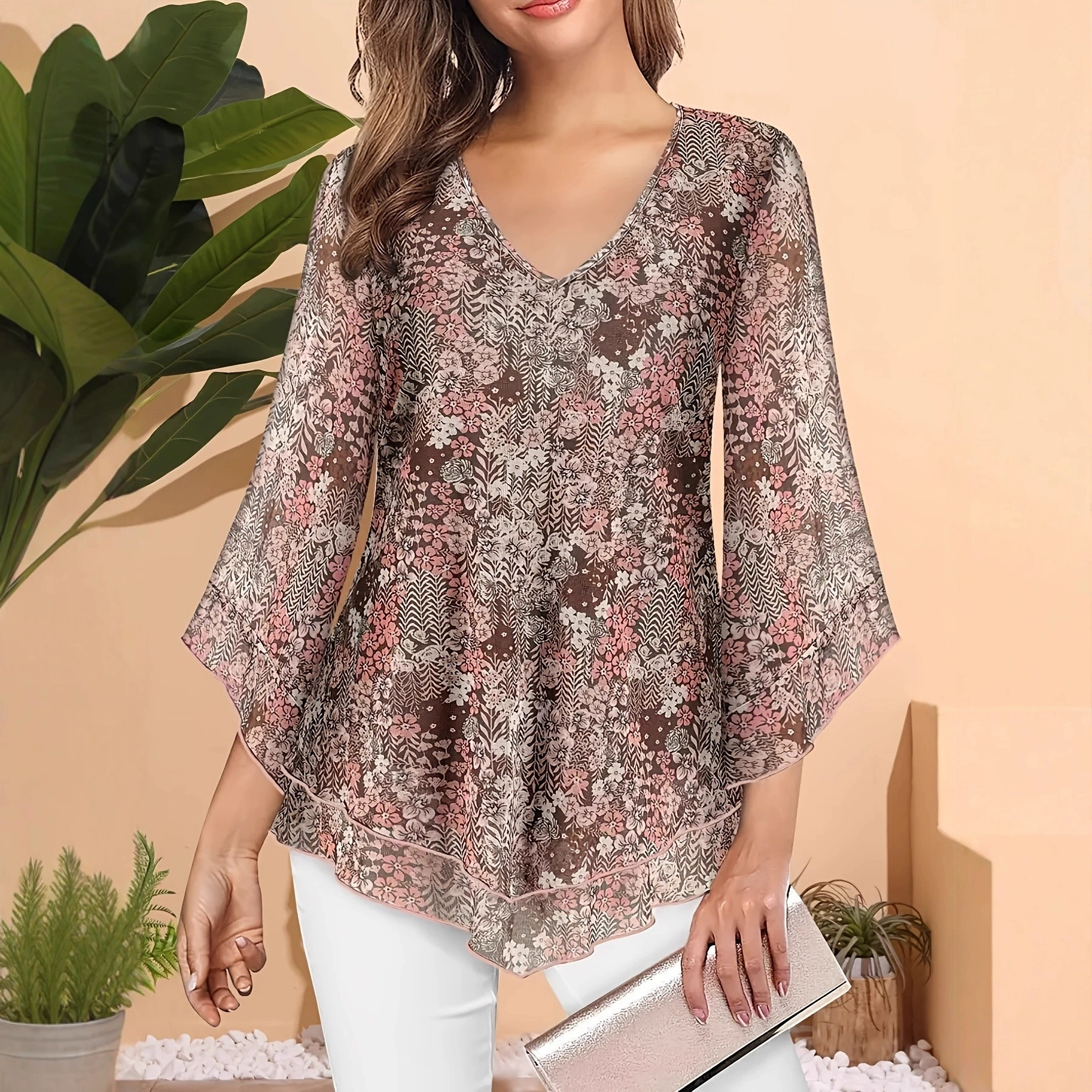 Демисезонное шифоновое длинное рукавом платье в европейском стиле, без маркета, с флористическим принтом, цветочный, V-образный вырез