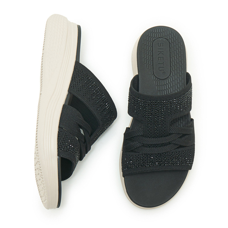 Dép sandal nữ xỏ ngón đế bệt đính đá lấp lánh — màu nâu, màu đen, xanh lam, màu mơ chi tiết 43