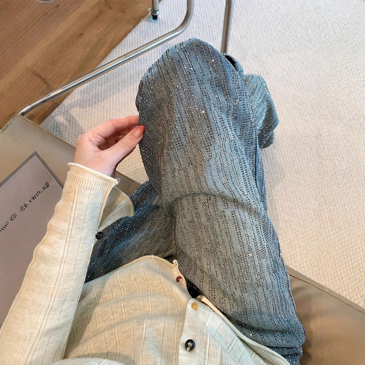 银河碎钻2025秋冬季百搭高腰小众设计款长裤 复古蓝高级感牛仔裤