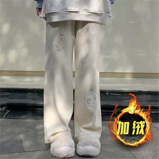 加绒冬季日系草莓猫咪阔腿长裤子宽松软糯休闲裤学生可爱软妹长裤