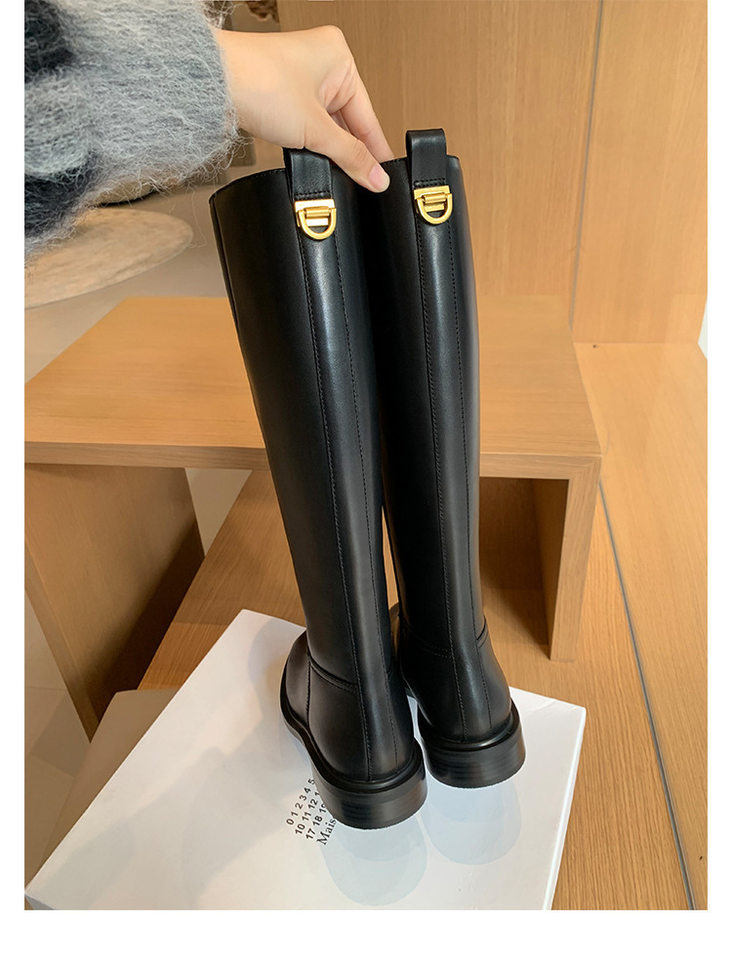 Bốt cao cổ nữ da lộn mũi tròn khóa vàng, gót vừa 3–5 cm, đế dày — Màu đen (lót lông cừu), Màu đen (lớp lót đơn) chi tiết 24