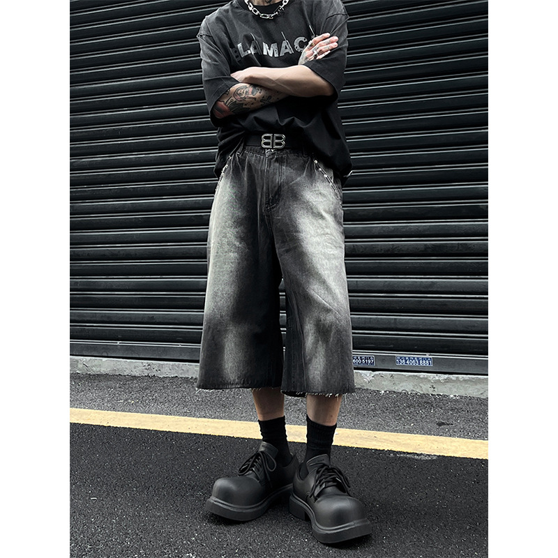 American Style Street Vintage Washed Denim Shorts Men's Summer Rivet Rusted Loose Straight Middle Pants Old Cropped Pants