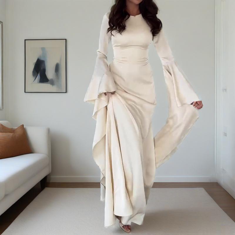 2025 Summer New European and American Cross-border Round Neck Trumpet Sleeve Women's Sexy Slim Evening Dress dress