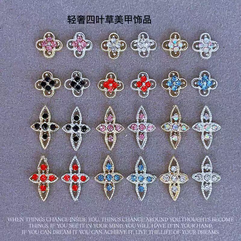 Cross-Border Hot-Selling Colorful Four-Leaf Clover Alloy Hollow Diamond-Encrusted Xifei Returns to the Palace Nail Decoration Light Luxury Flower Manicure Diamond