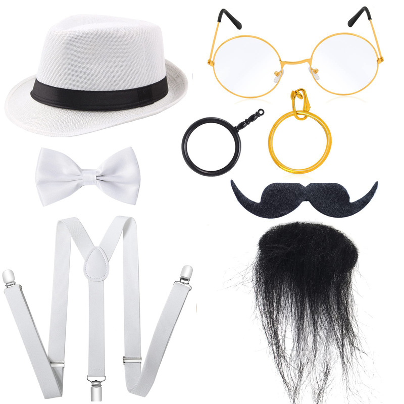 1920 s Men's Hat Halloween Old Man Costume Dress Up Accessories Men's Hat Bow Tie Shoulder Strap Set