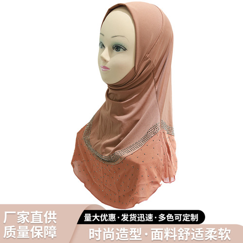 Crystal linen spliced ​​chiffon hot rhinestone rounded corner hood