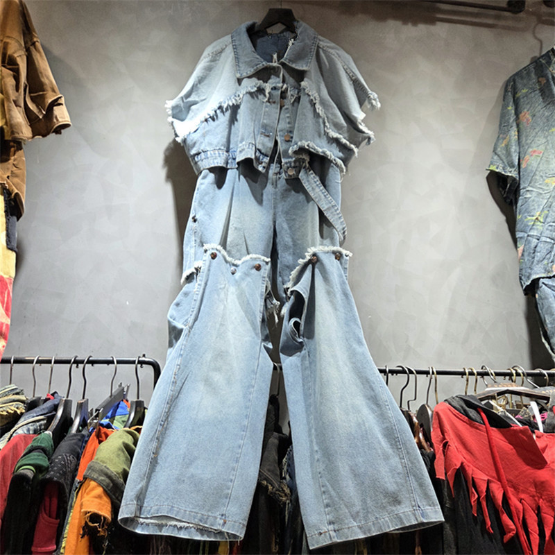 Summer Color-Blocked Denim Vest, Short Loose-Fitting Niche Design Wide-Leg Straight Pants Two-Piece Set for Women, Trendy