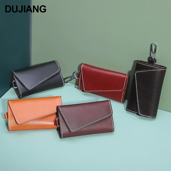 Dujiang Genuine Leather Key Case, Vegetable-Tanned Handmade Keychain, Mini Wear-Resistant Car Key Portable Holder