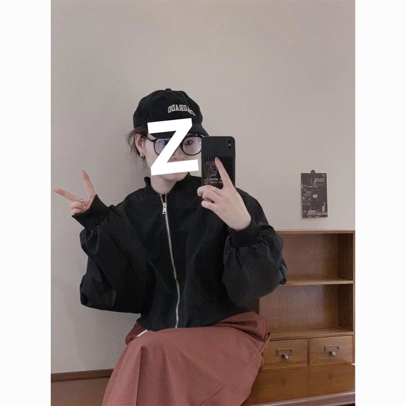 秋季新款简约时尚棒球服短款宽松休闲百搭小个子外套黑色立领韩版|undefined