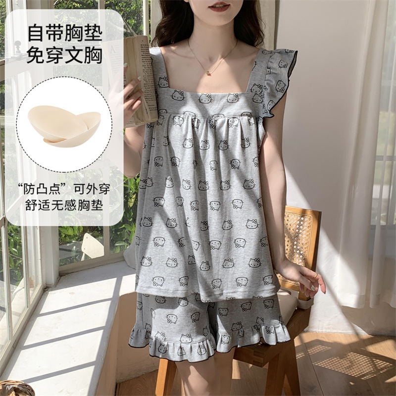 여성용 가슴 패드가있는 잠옷 여름 새로운 스타일 섹시한 멜빵은 귀여운 만화 조끼 반바지 정장 여름 외부에 착용 가능