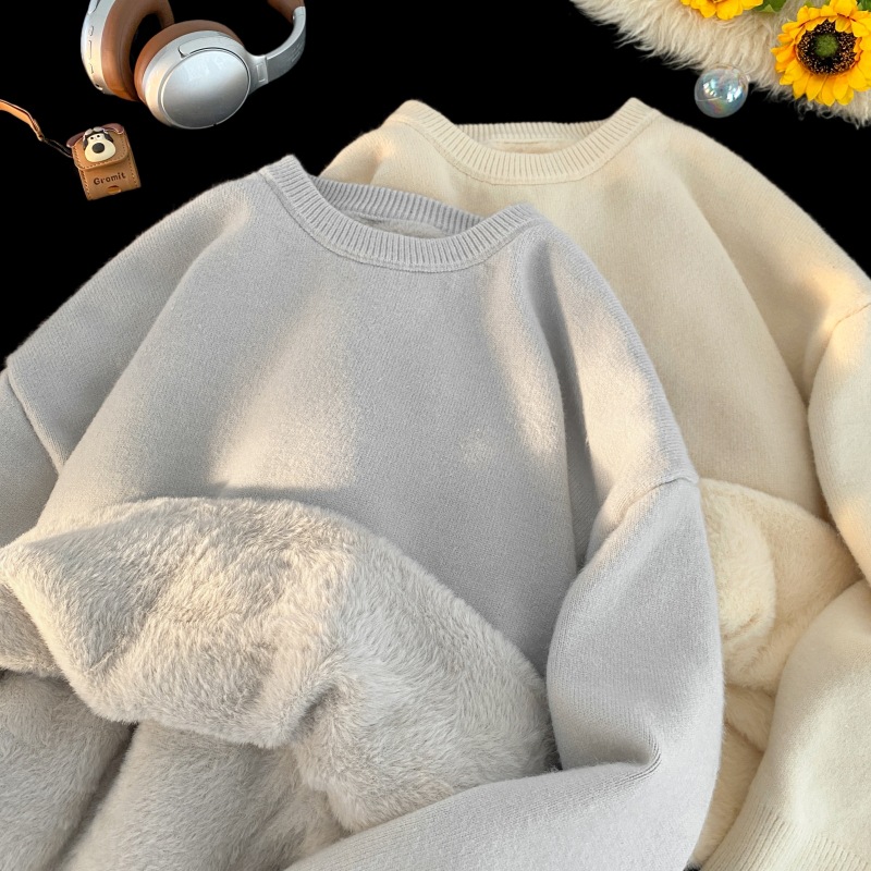 纯色圆领毛衣男冬季加绒加厚保暖宽松大码休闲男生针织衫毛线衣，男装针织衫/毛衣，星座614