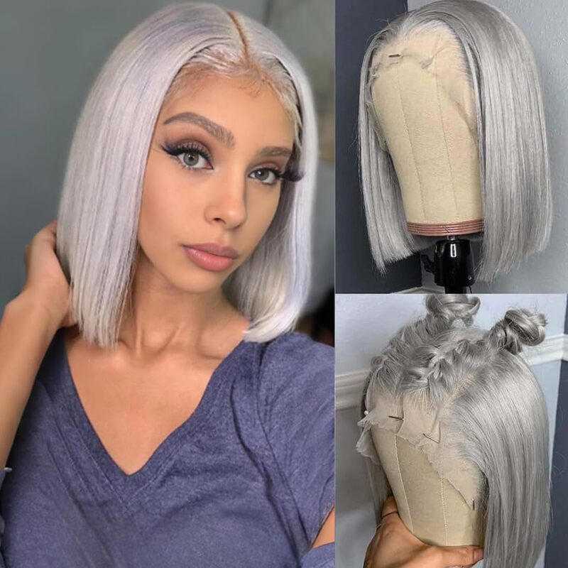 Gray Bob Wig with Straight Hair, Lace Front Gray Wig, Short Bob Wig Suitable for Women