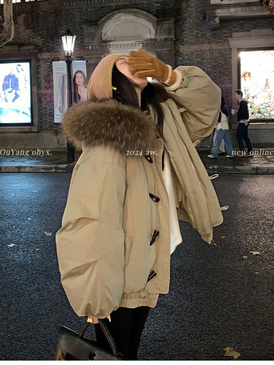 牛角扣大毛领连帽棉服外套女冬季韩系小个子加厚工装派克服|undefined