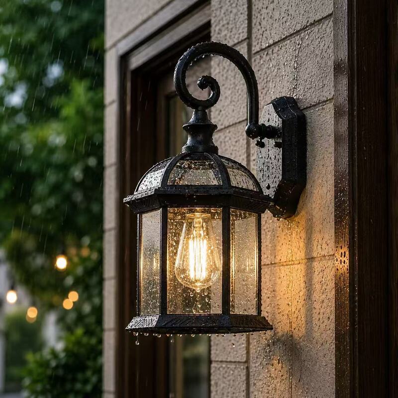European-Style Outdoor Wall Lamp, Waterproof, for Corridors, Gates, Villas, and Courtyard Lights, with High-Brightness Water-Patterned Glass Lampshade, High-Brightness Waterproof
